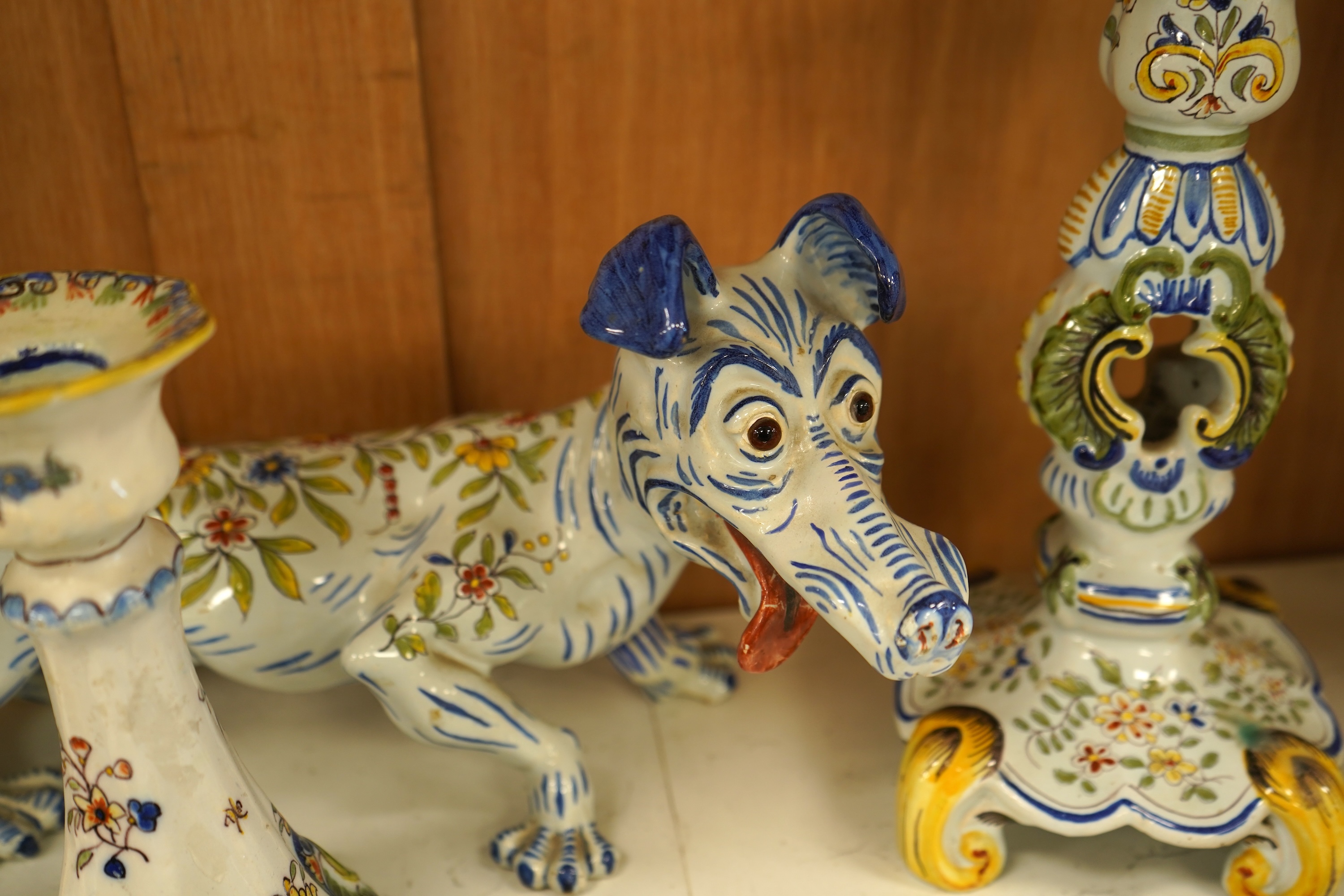 A collection of early 20th century French faience pieces To include dishes, an inkwell and a large ewer, 42cm high